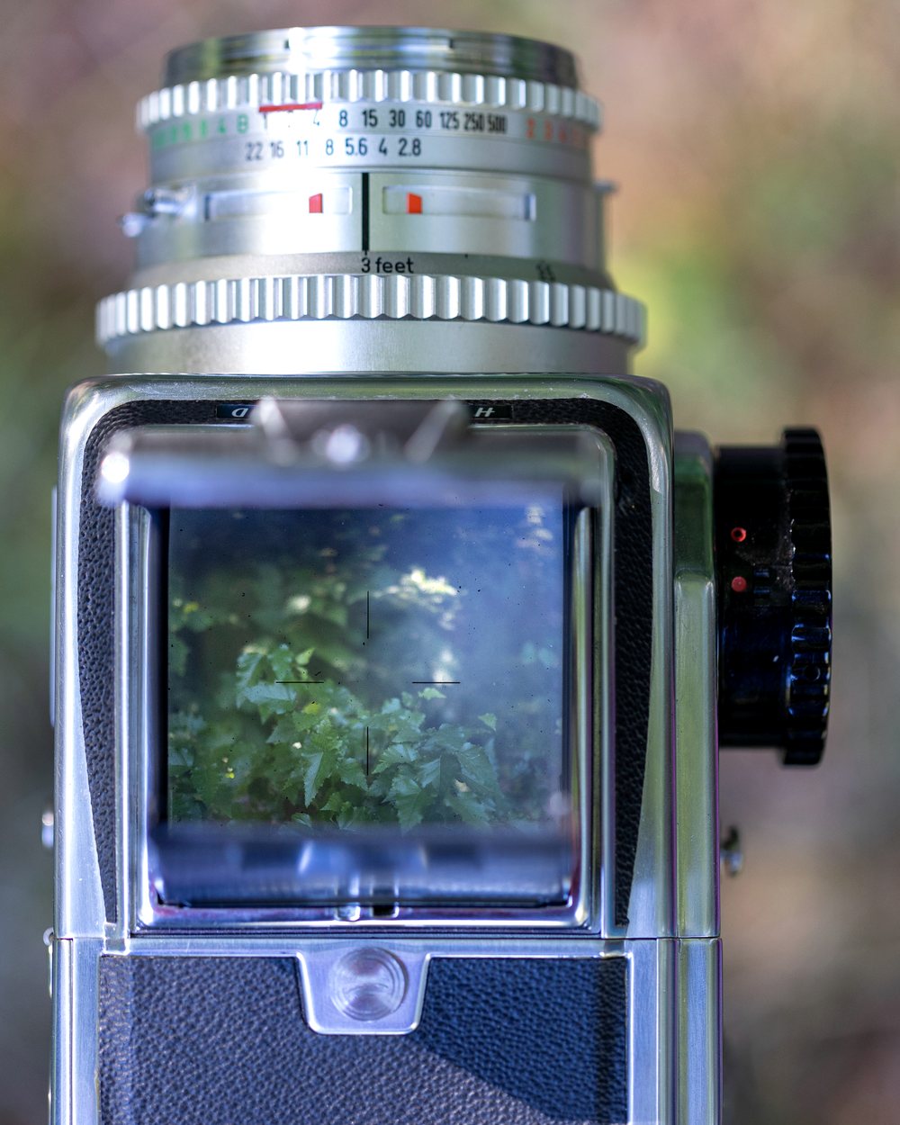 A medium format film camera with its lens set